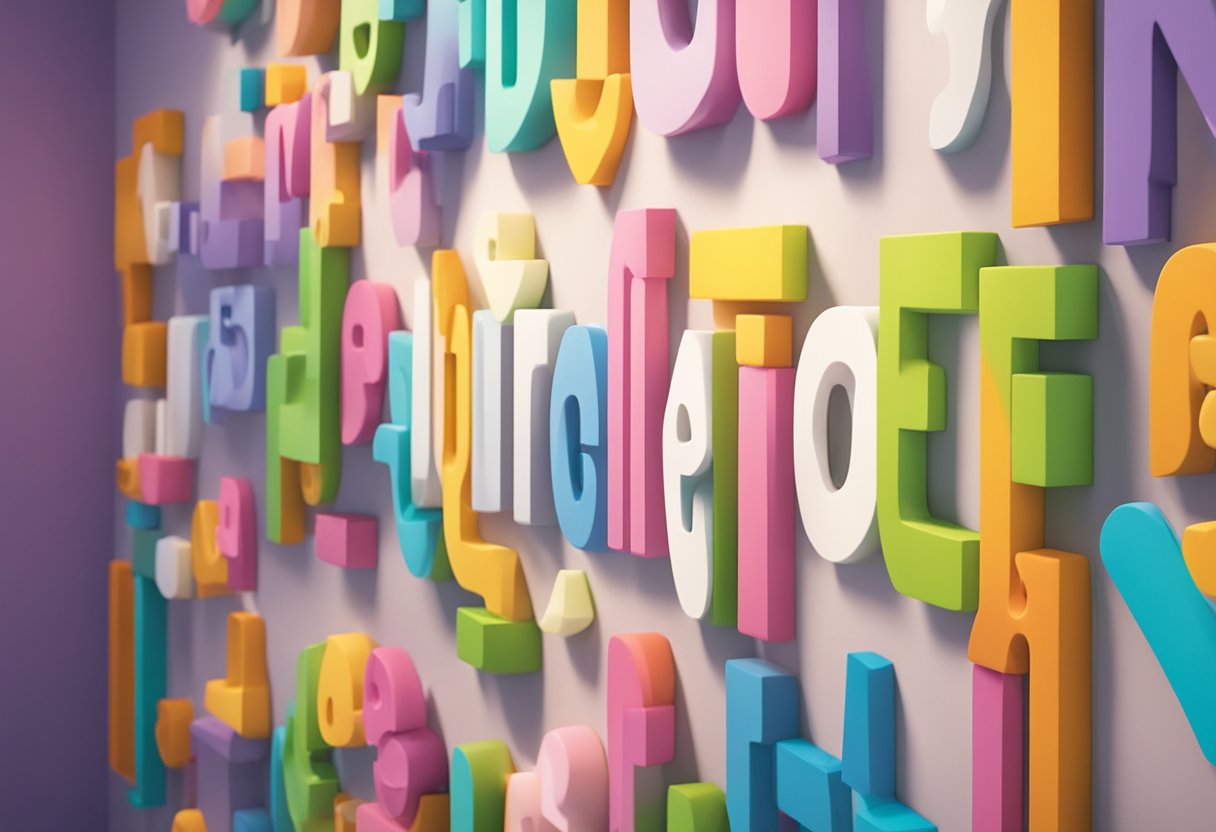 Aubree's name written in colorful block letters on a nursery wall