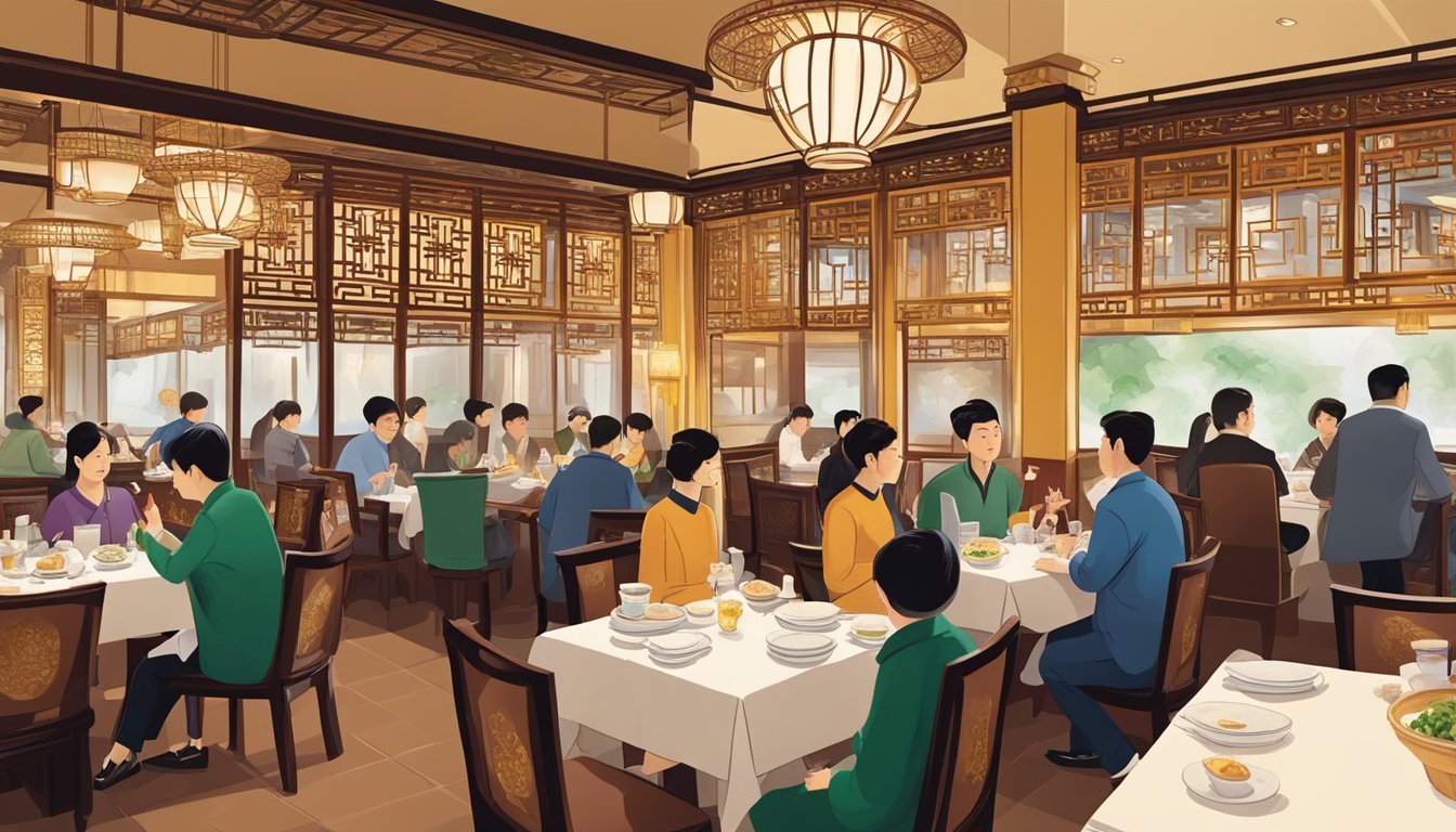 Diners enjoying Cantonese dishes at Wah Lok restaurant, with elegant decor and bustling ambiance