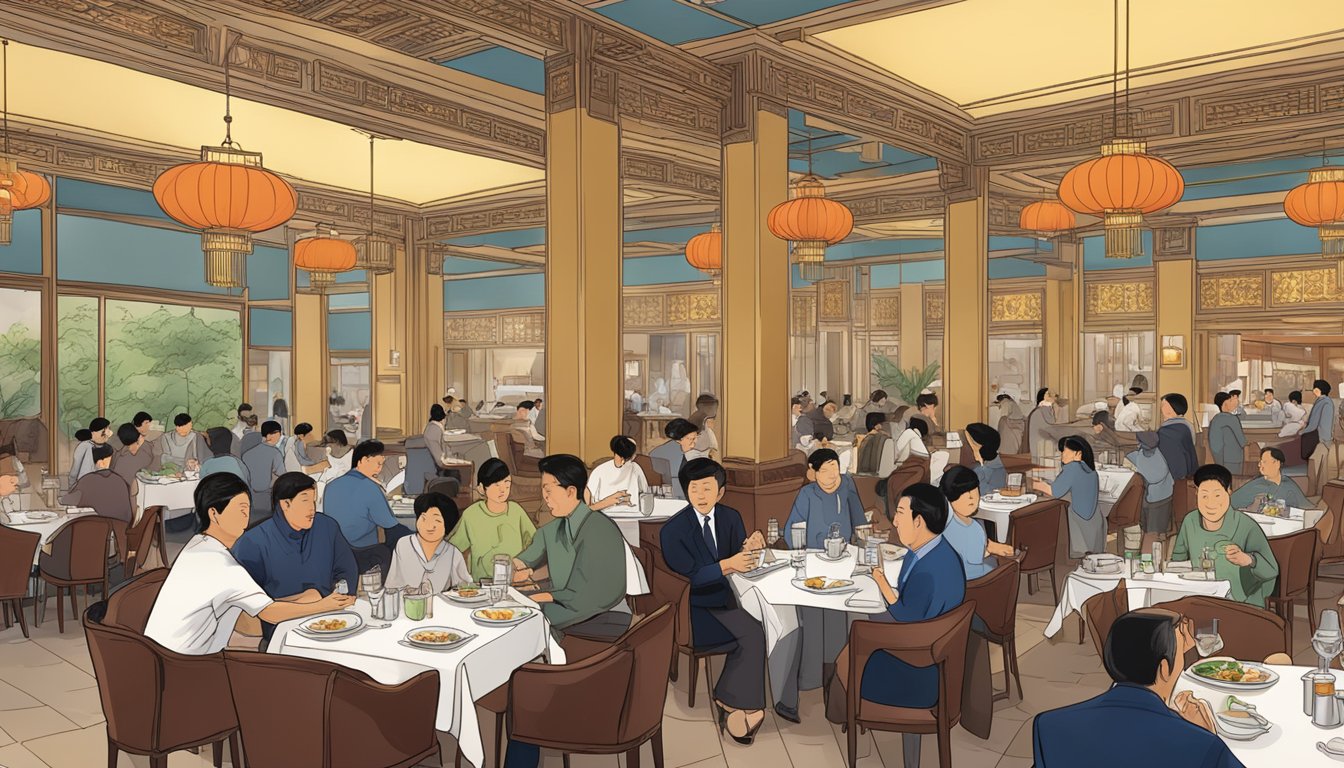 A bustling Chinese restaurant at the Carlton Hotel, with diners enjoying traditional dishes and staff bustling around to attend to their needs
