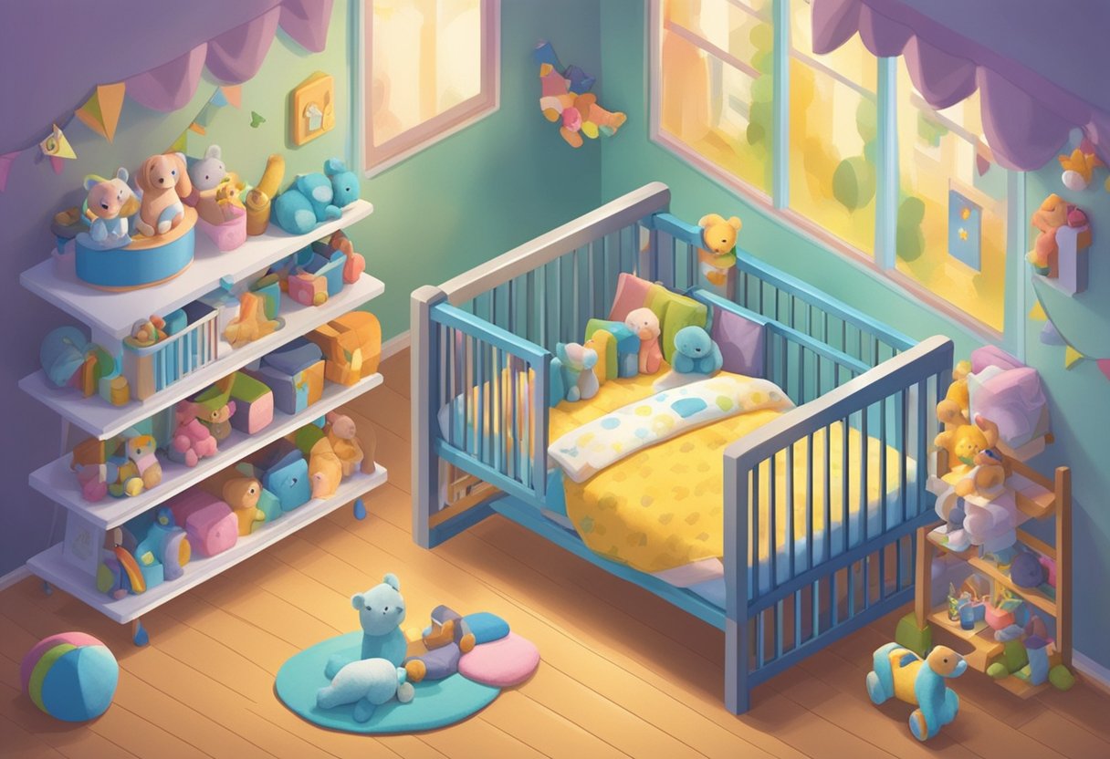 A crib with the name "Avie" written in colorful letters, surrounded by toys and stuffed animals