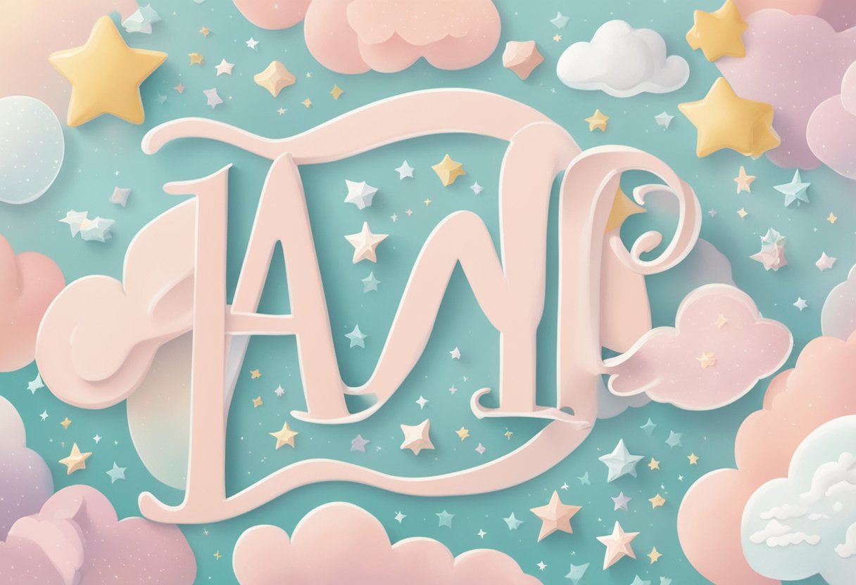 A baby name "Avie" is written in delicate cursive on a pastel-colored background, surrounded by soft, whimsical illustrations of stars and clouds