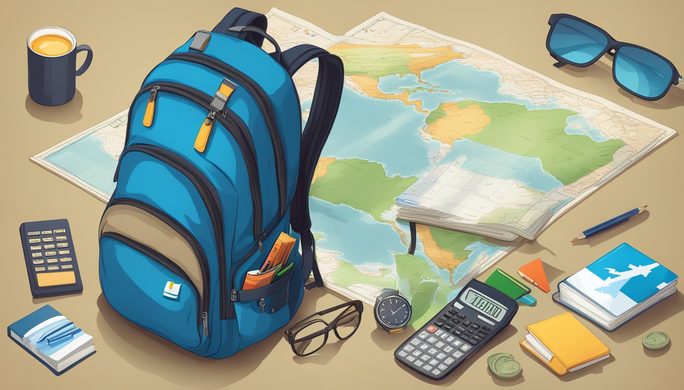A backpack lies open on a map of South America, surrounded by guidebooks and travel essentials. A calculator displays various currency conversions