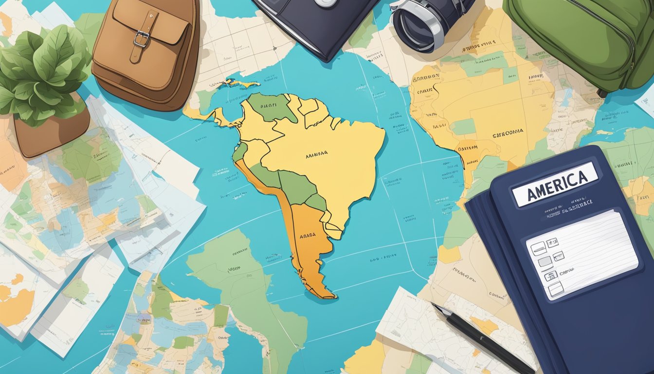 A map of South America surrounded by travel guides and a calculator, with a list of potential expenses and a backpack ready to be packed