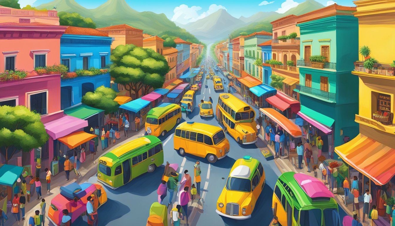 Vibrant South American streets with buses, taxis, and colorful cars weaving through bustling markets and lush landscapes
