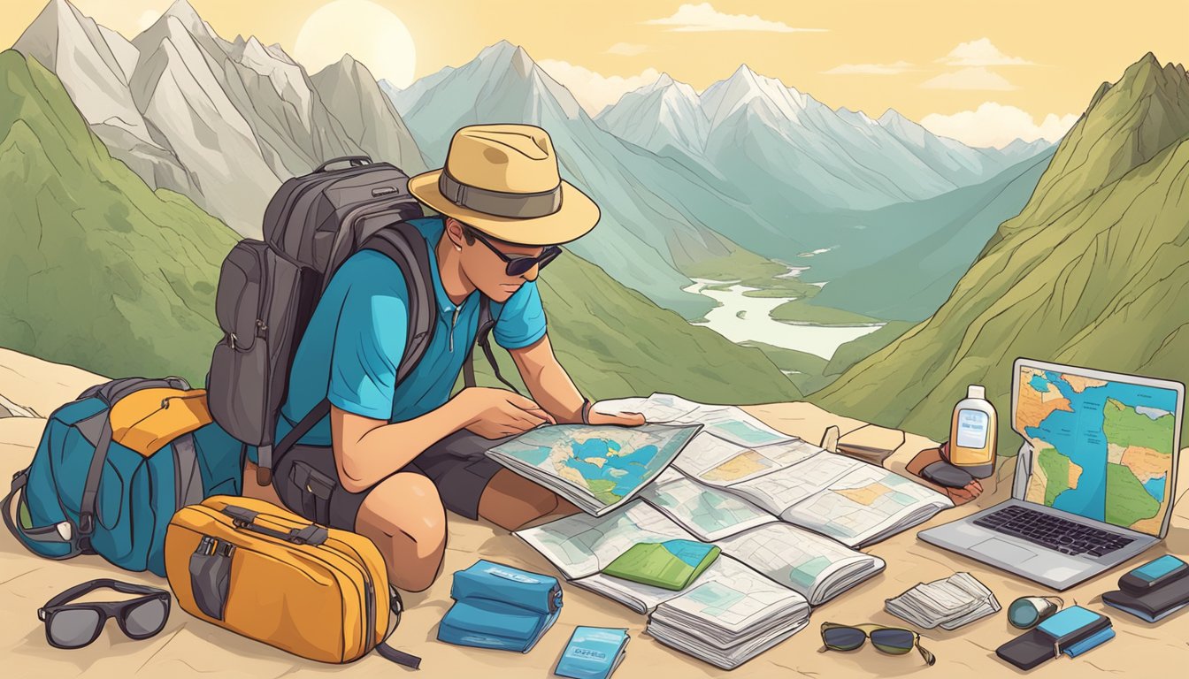 A traveler researching South America, surrounded by maps, guidebooks, and a laptop, with a first aid kit and sunscreen nearby