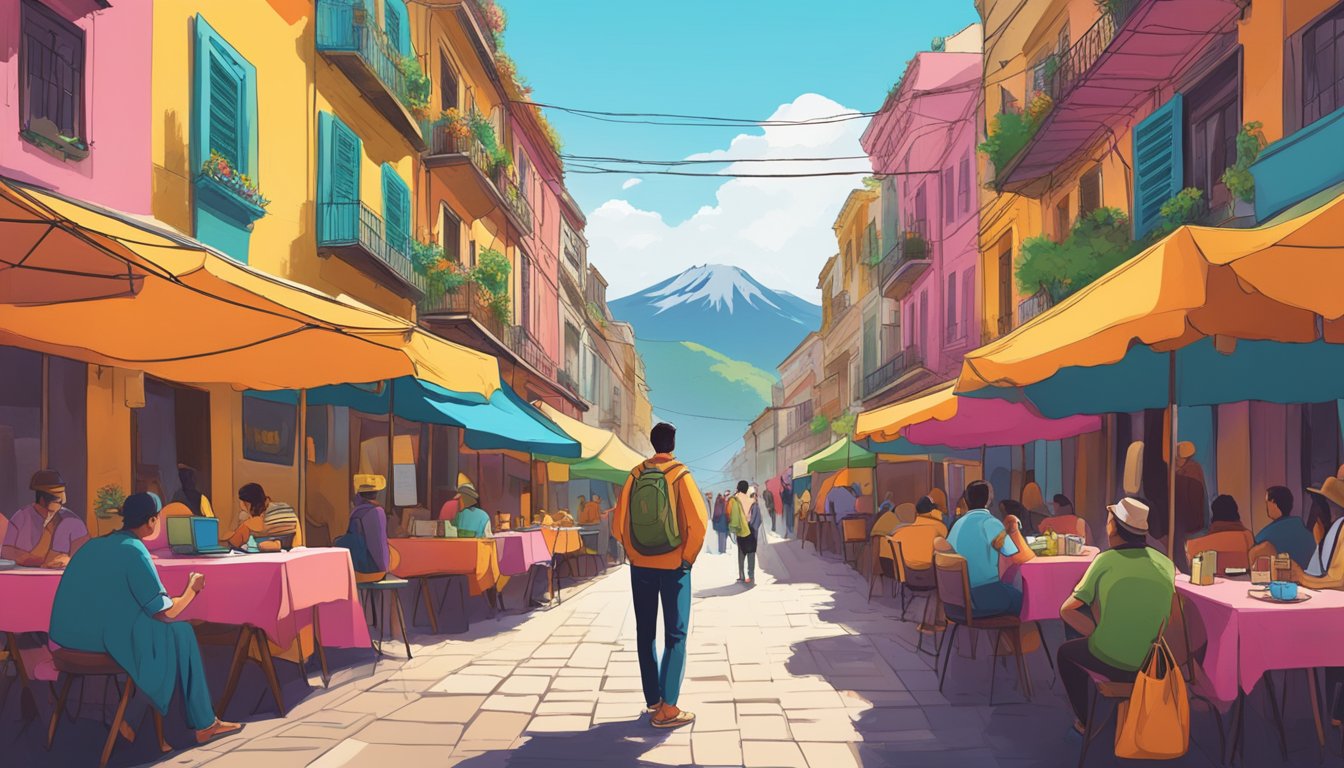 A lone traveler surrounded by vibrant markets, bustling streets, and lively cafes, pondering the cost of exploring South America