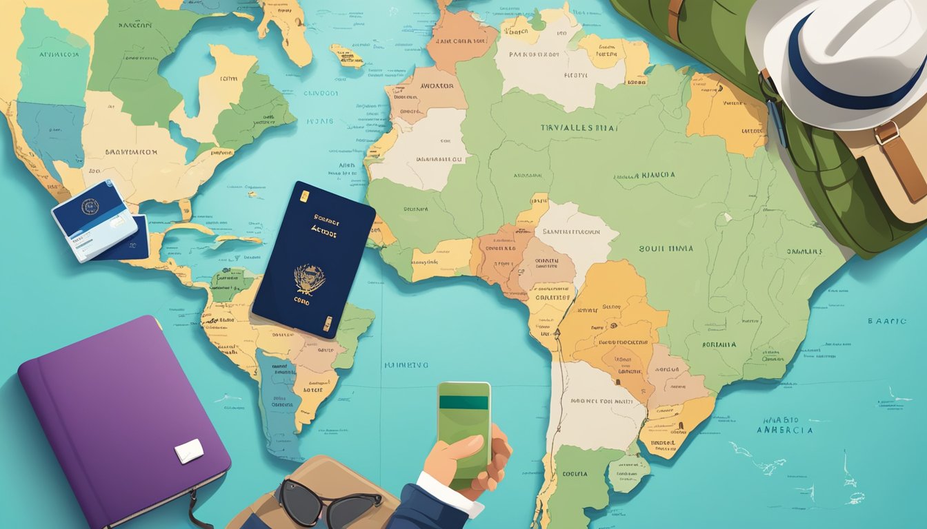 A map of South America with a solo traveler's backpack, passport, and journal. A budget tracker and currency converter app on a smartphone