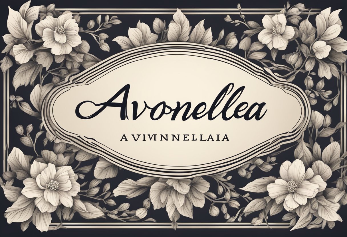 A small, delicate name plate with the name "Avonlea" written in elegant script, surrounded by delicate floral patterns