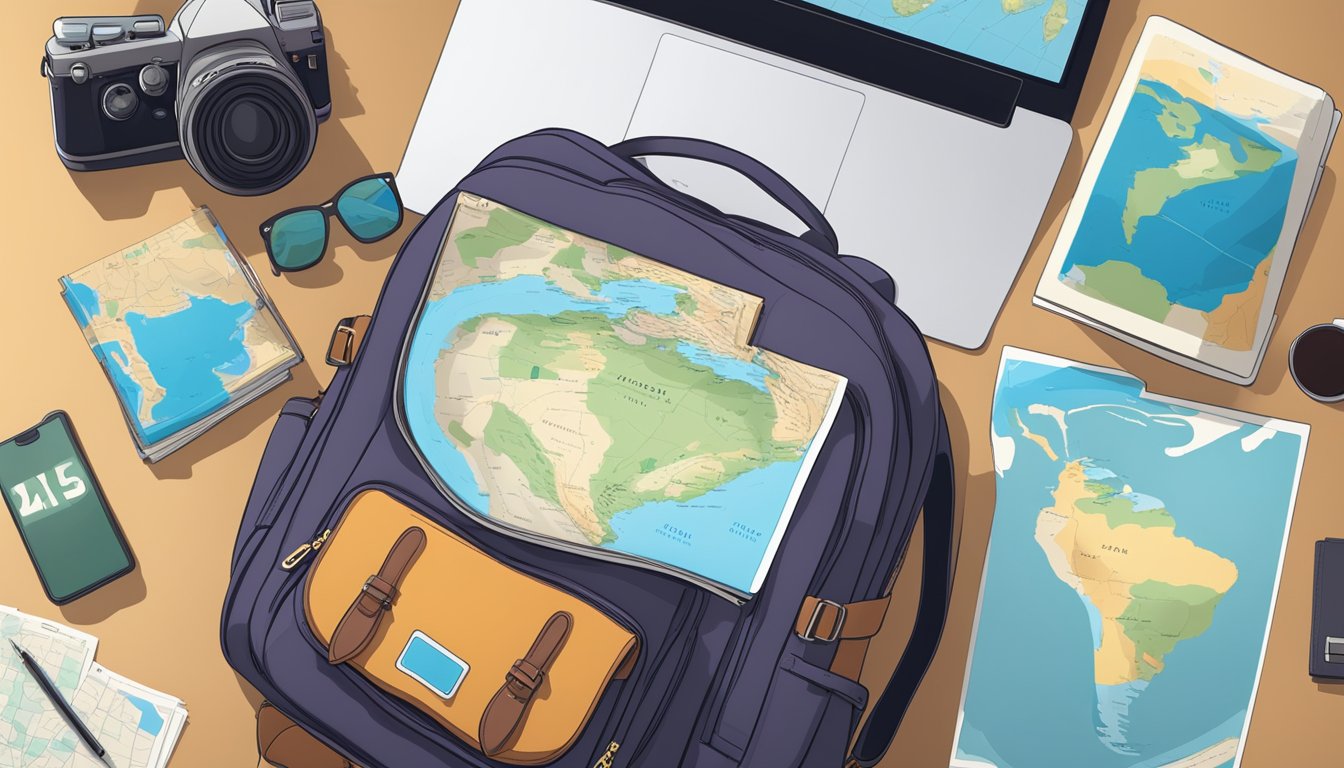A traveler's backpack and map laid out on a table, surrounded by travel guides and a laptop displaying flight and accommodation prices for South America