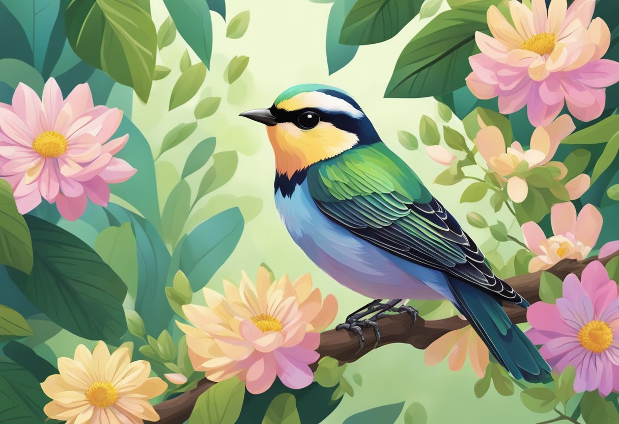 A small bird named Aviana perches on a blooming branch, surrounded by colorful flowers and lush green leaves