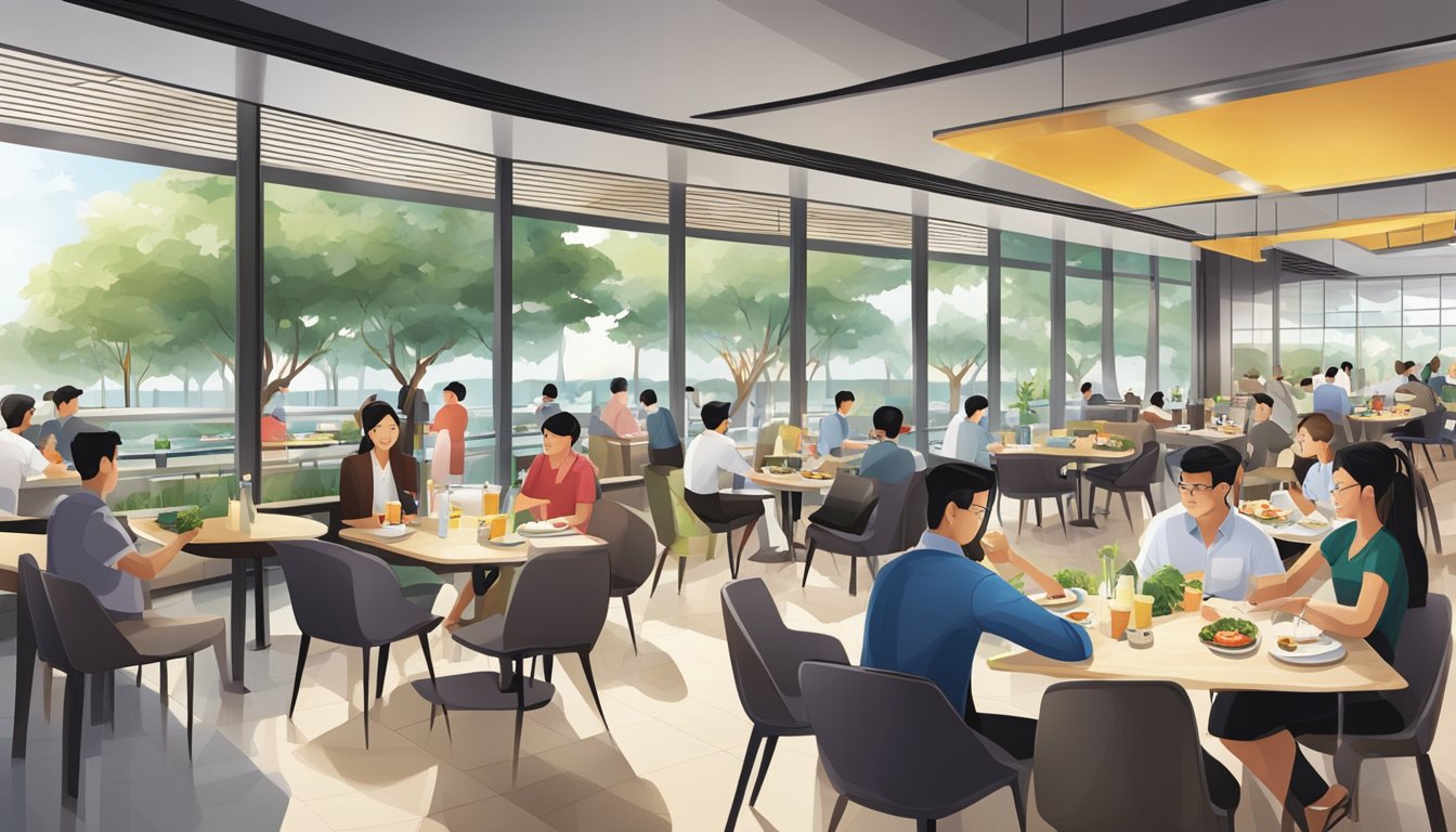 The bustling Changi Business Park restaurants buzz with activity, as diners enjoy a variety of cuisines in a modern, sleek setting