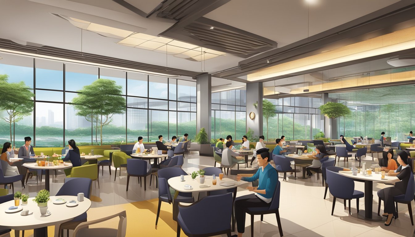 The bustling dining area of Changi Business Park restaurants exudes a modern and vibrant atmosphere, with sleek furnishings and a variety of amenities