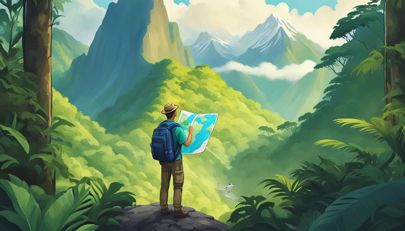 A traveler stands with a map, surrounded by lush rainforests and towering mountains. A sense of adventure and excitement fills the air as they plan their solo journey through South America