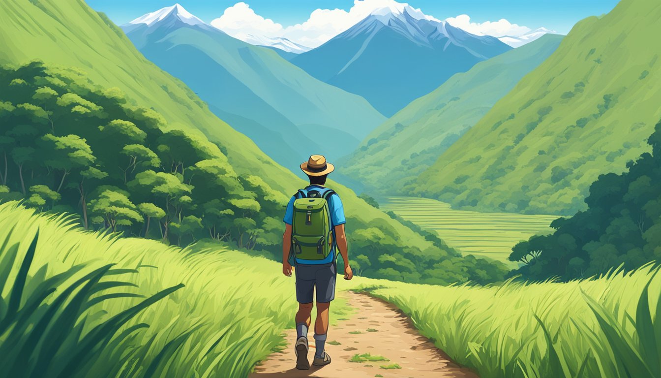 A traveler walks through a lush South American landscape, with mountains in the distance and a clear blue sky overhead. The traveler carries a backpack and looks confident and determined