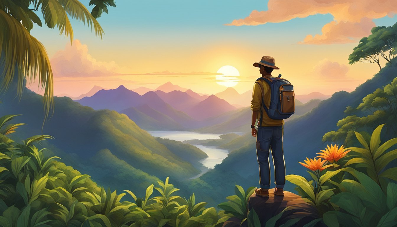 A traveler stands at the edge of a lush rainforest, gazing out at the vast landscape of South America. The sun sets behind the distant mountains, casting a warm glow over the vibrant flora and fauna