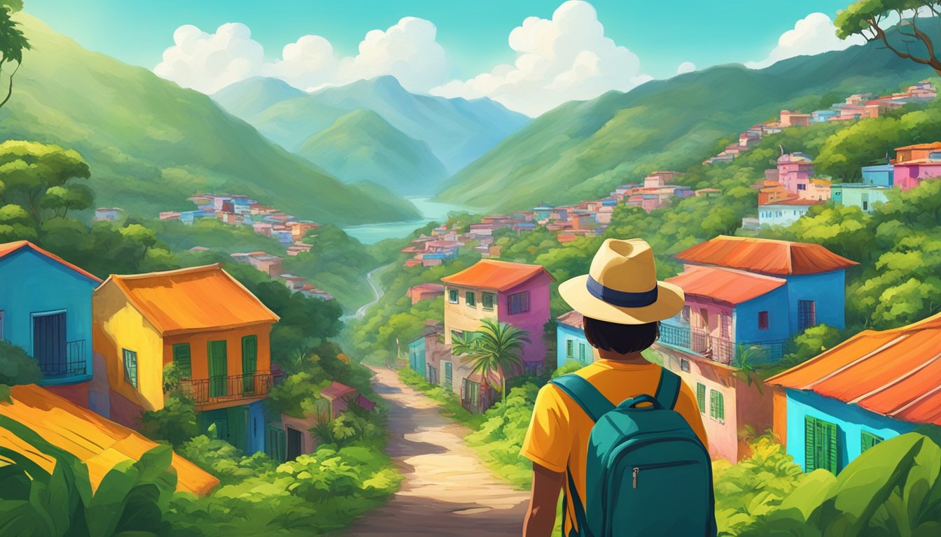 A traveler stands in front of a vibrant South American landscape, with lush greenery and colorful buildings. The scene exudes a sense of adventure and independence