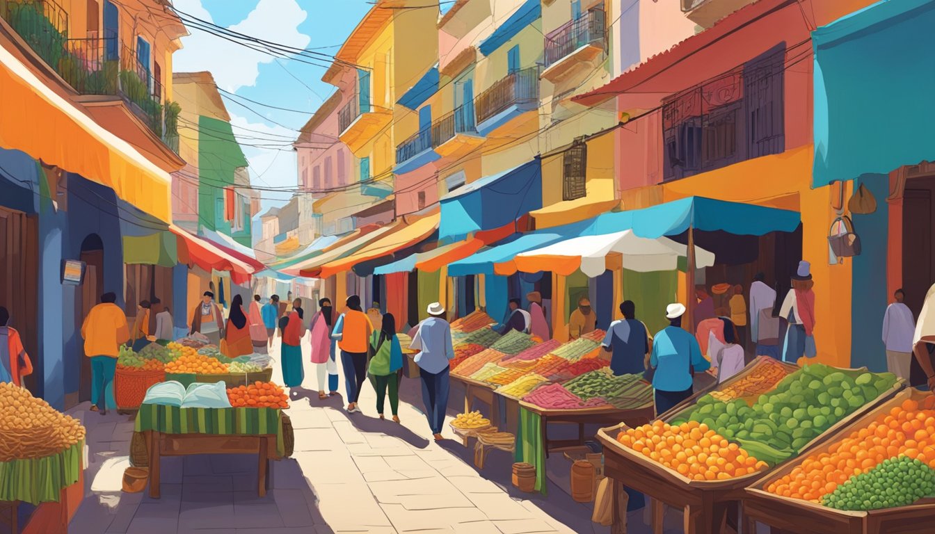 Vibrant market stalls and colorful textiles line the bustling streets of a South American town. A solo traveler immerses themselves in the rich cultural experiences, surrounded by traditional music and delicious local cuisine