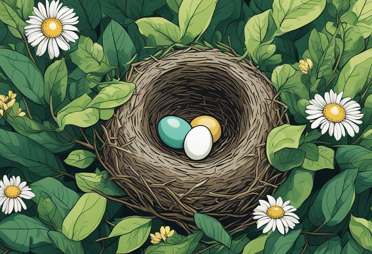 A small bird nest with a single egg, surrounded by blooming flowers and vibrant green leaves