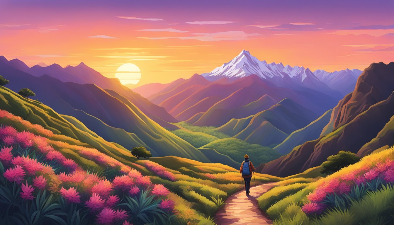 A colorful sunset over the Andes mountains, with a solo traveler hiking along a winding trail. Lush greenery and exotic wildlife surround them, creating a sense of adventure and exploration