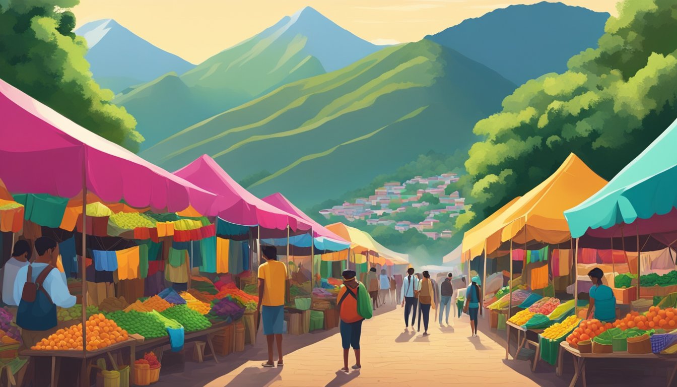 A vibrant market in South America, bustling with colorful stalls and exotic goods. Lush green mountains loom in the background, creating a sense of adventure and exploration for solo travelers