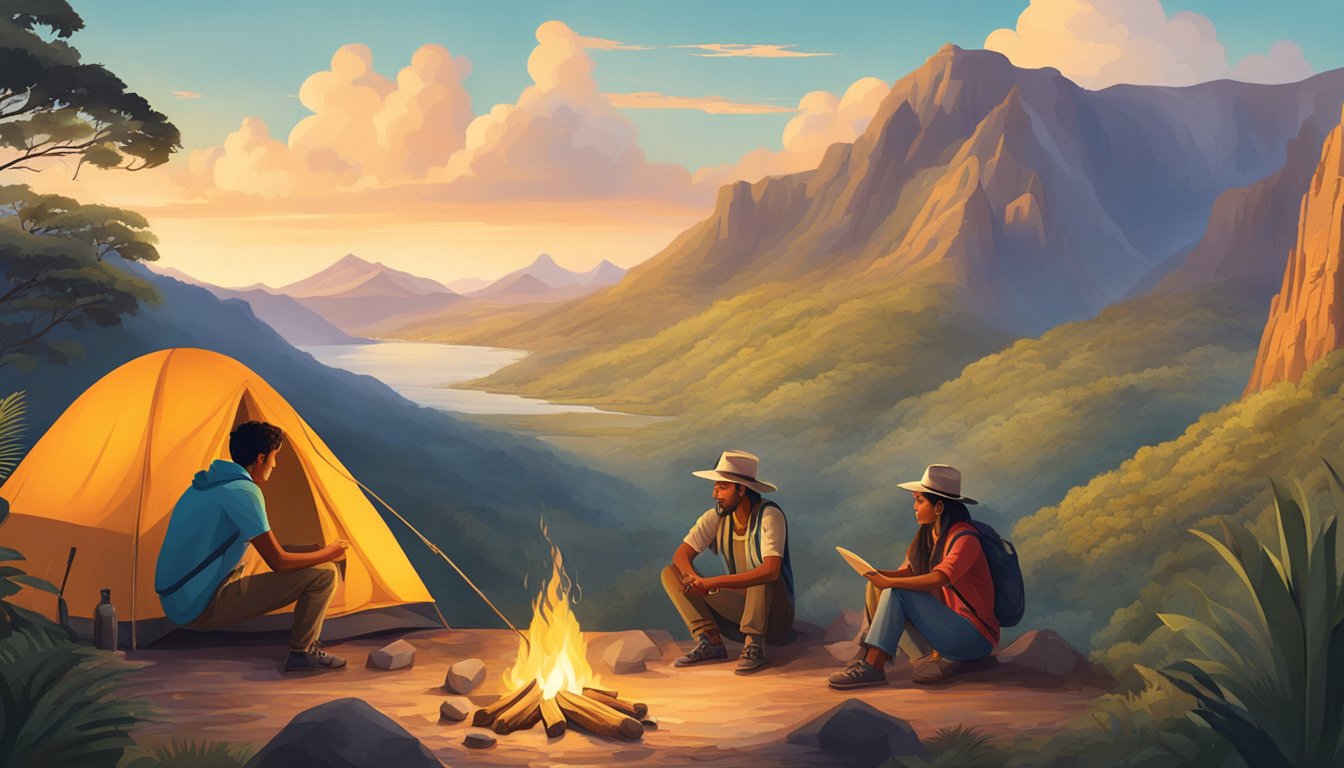 Solo travelers gather around a campfire, sharing stories and experiences in the backdrop of the stunning South American landscape
