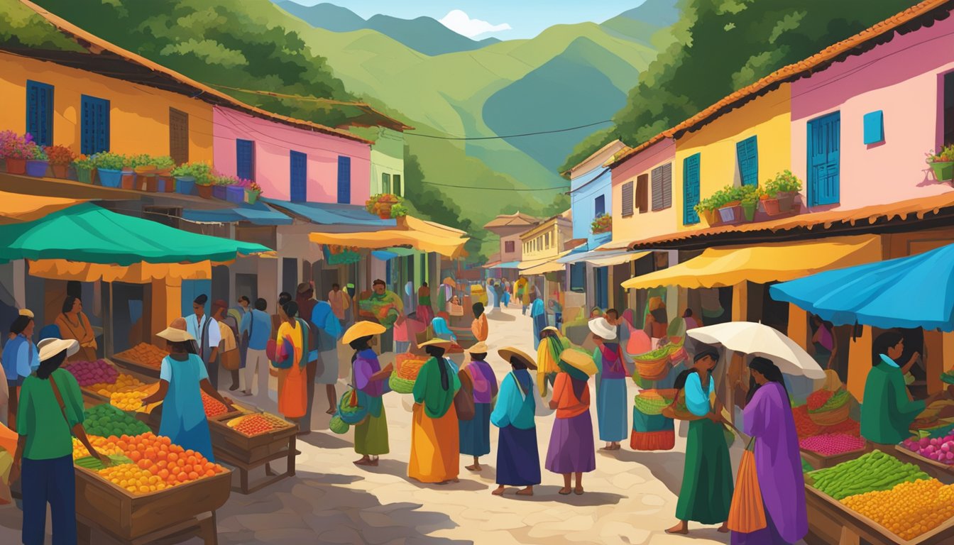 A colorful South American market bustling with activity, showcasing traditional crafts and vibrant textiles. Lush green mountains loom in the background, creating a picturesque backdrop for solo travelers