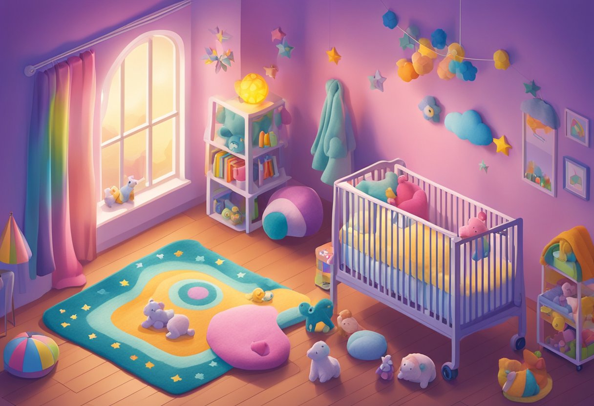 A colorful mobile of the name "Aviva" hangs above a crib, surrounded by soft, plush toys and a cozy blanket