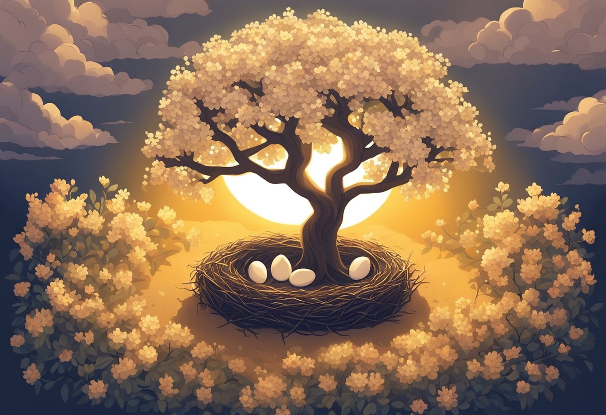 A blooming tree with a nest of eggs, symbolizing new life and vitality. The sun shines brightly, casting a warm glow over the scene