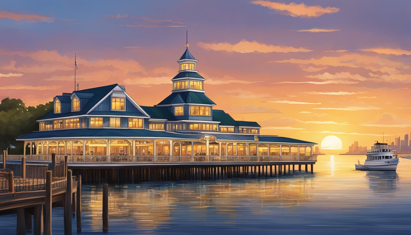 The sun sets behind the iconic Clifford Pier restaurant, casting a warm glow on the waterfront. The historic building stands tall, surrounded by bustling activity and the city's landmarks in the background