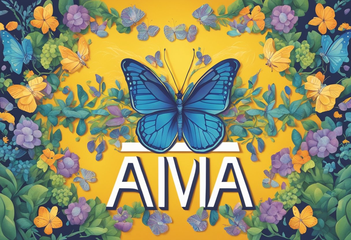 A colorful name tag with "Aviva" in bold letters, surrounded by images of butterflies, symbolizing growth and transformation