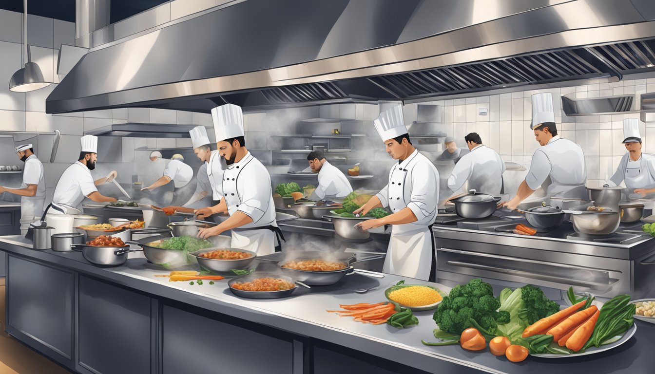 A bustling restaurant kitchen with chefs cooking and plating dishes, pots steaming, and ingredients scattered on countertops