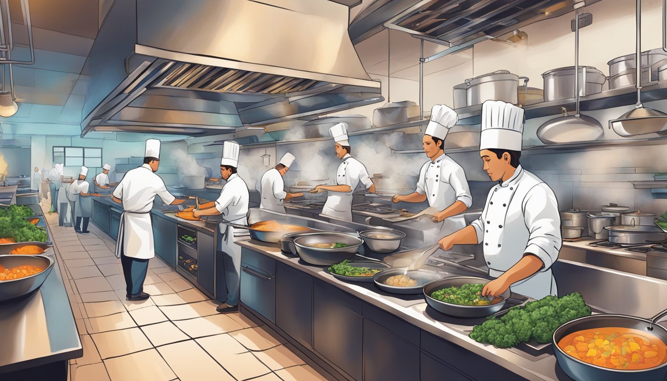 A bustling open kitchen with chefs at work, pots steaming, and plates being prepared in the vibrant ambiance of Culinary Delights cucina restaurant