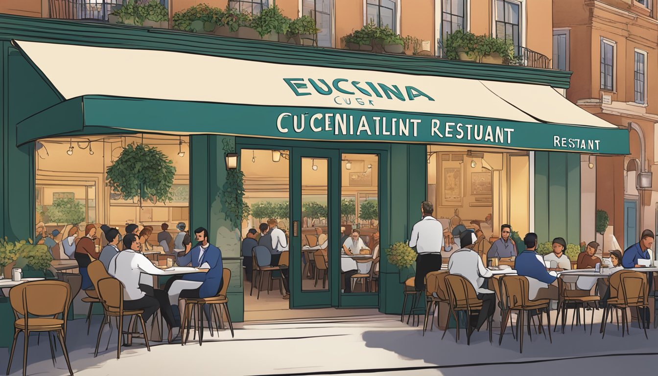 A bustling restaurant with diners enjoying their meals, waitstaff moving between tables, and a large sign reading "Frequently Asked Questions cucina restaurant" hanging above the entrance