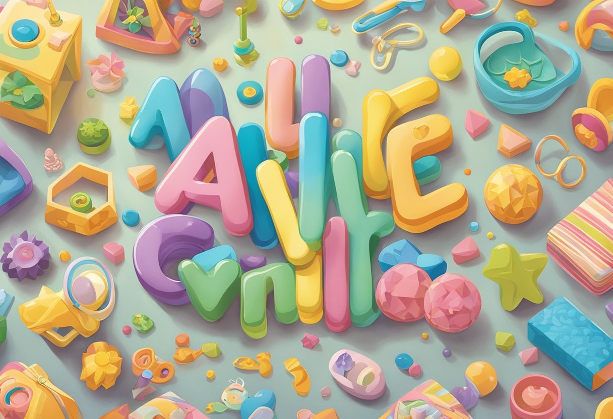 Aveline's name written in colorful letters with playful designs and surrounded by baby-related items like rattles, pacifiers, and toys