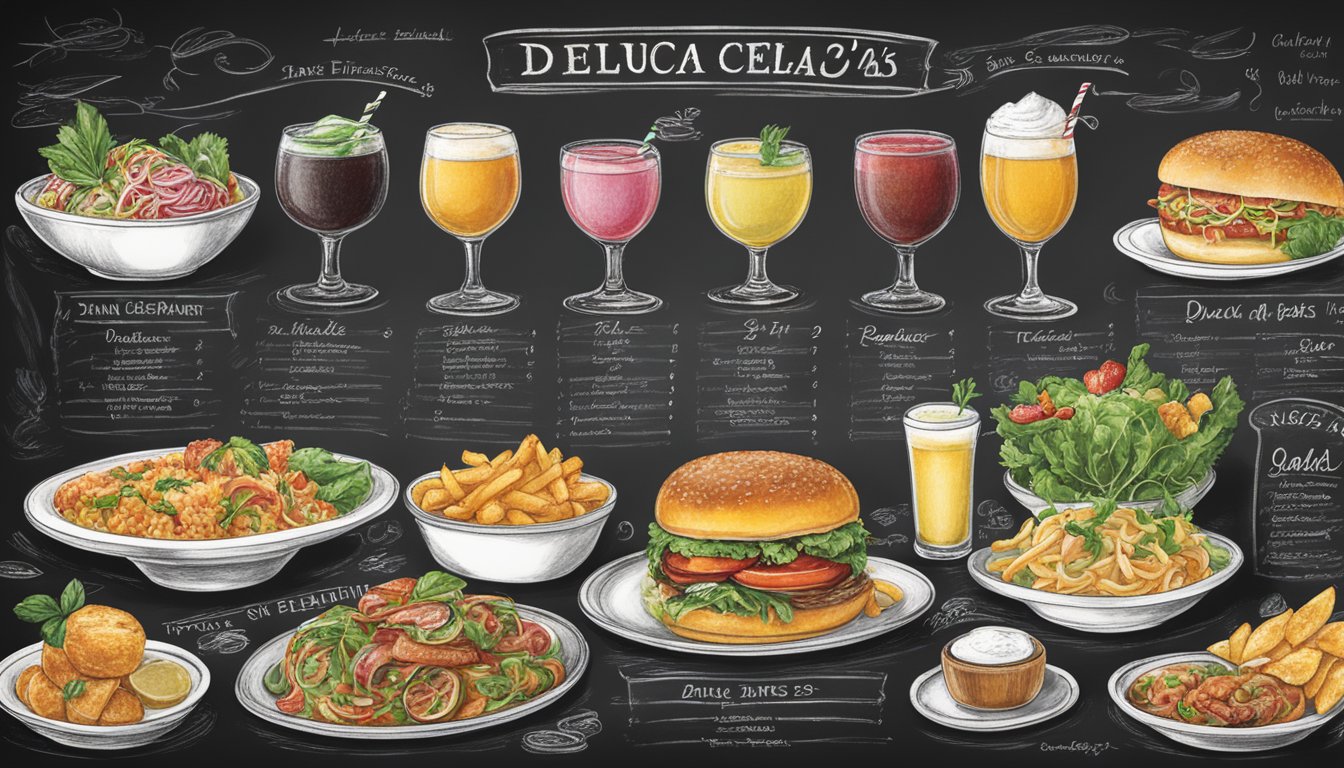 The menu highlights at Deluca's restaurant are displayed on a chalkboard with colorful, hand-drawn illustrations of signature dishes and drinks