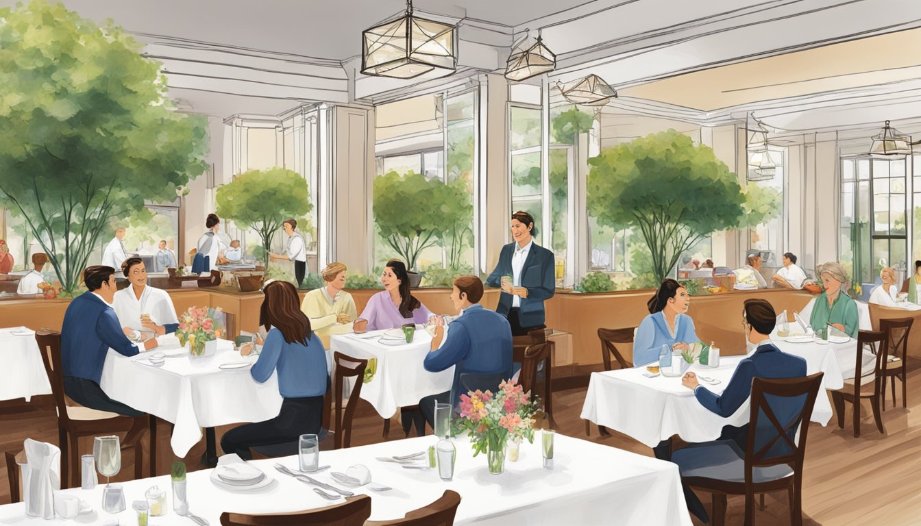 Customers enjoying meals at Deluca's restaurant, while staff answer questions at the front desk. Tables are set with white tablecloths and fresh flowers