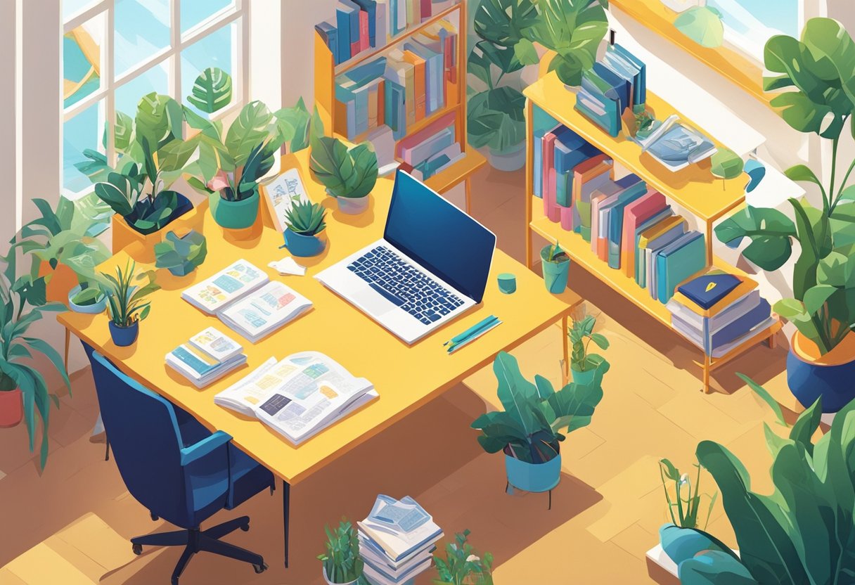 A bright, sunlit office with a desk adorned with motivational quotes and a vision board, surrounded by books and plants