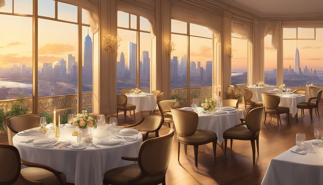The elegant dining room is bathed in warm golden light, with tables set impeccably and a panoramic view of the city skyline. A team of chefs can be seen through the open kitchen, expertly preparing exquisite dishes