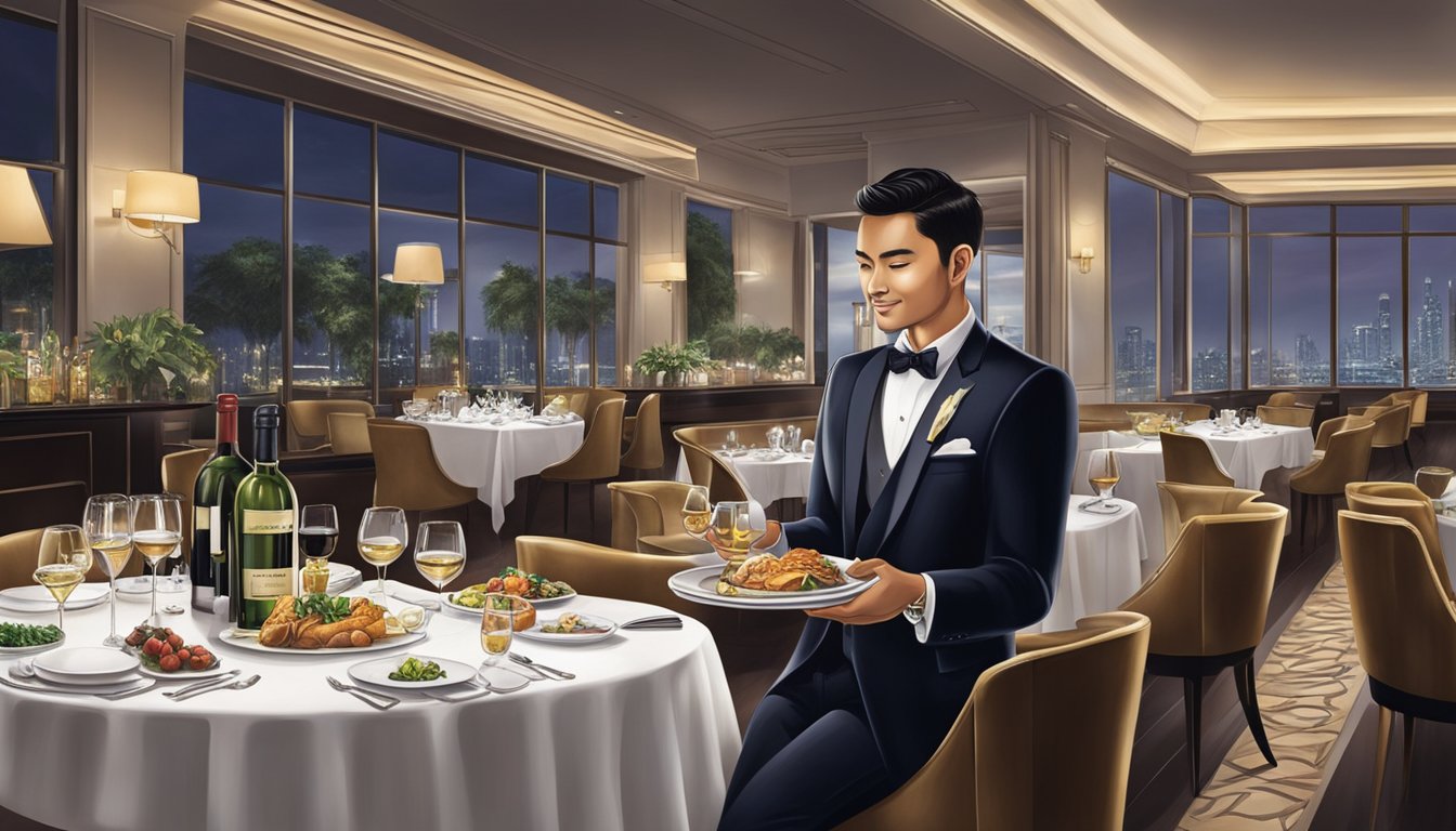 A waiter presents a lavish spread of gourmet dishes and fine wines, while a luxurious ambiance exudes elegance and sophistication at Edge Restaurant, Singapore