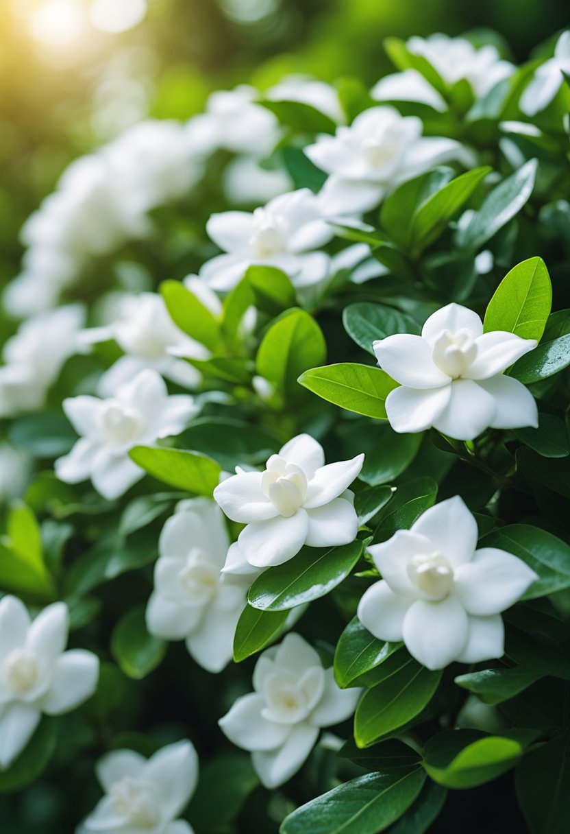 Gardenias bloom in a lush garden, surrounded by vibrant green leaves and delicate white flowers. The air is filled with their sweet, intoxicating scent
