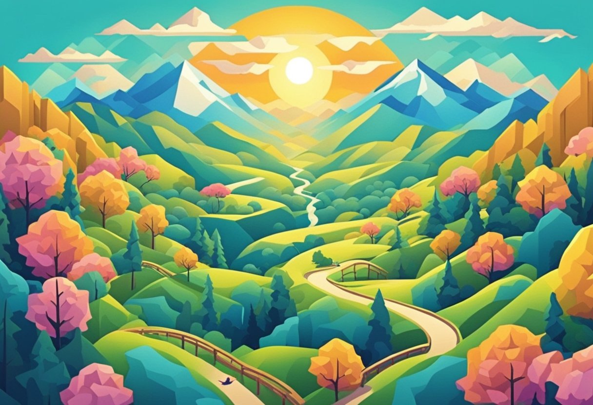 A serene landscape with a vibrant sunrise, birds soaring in the sky, and a winding path leading towards a mountain peak