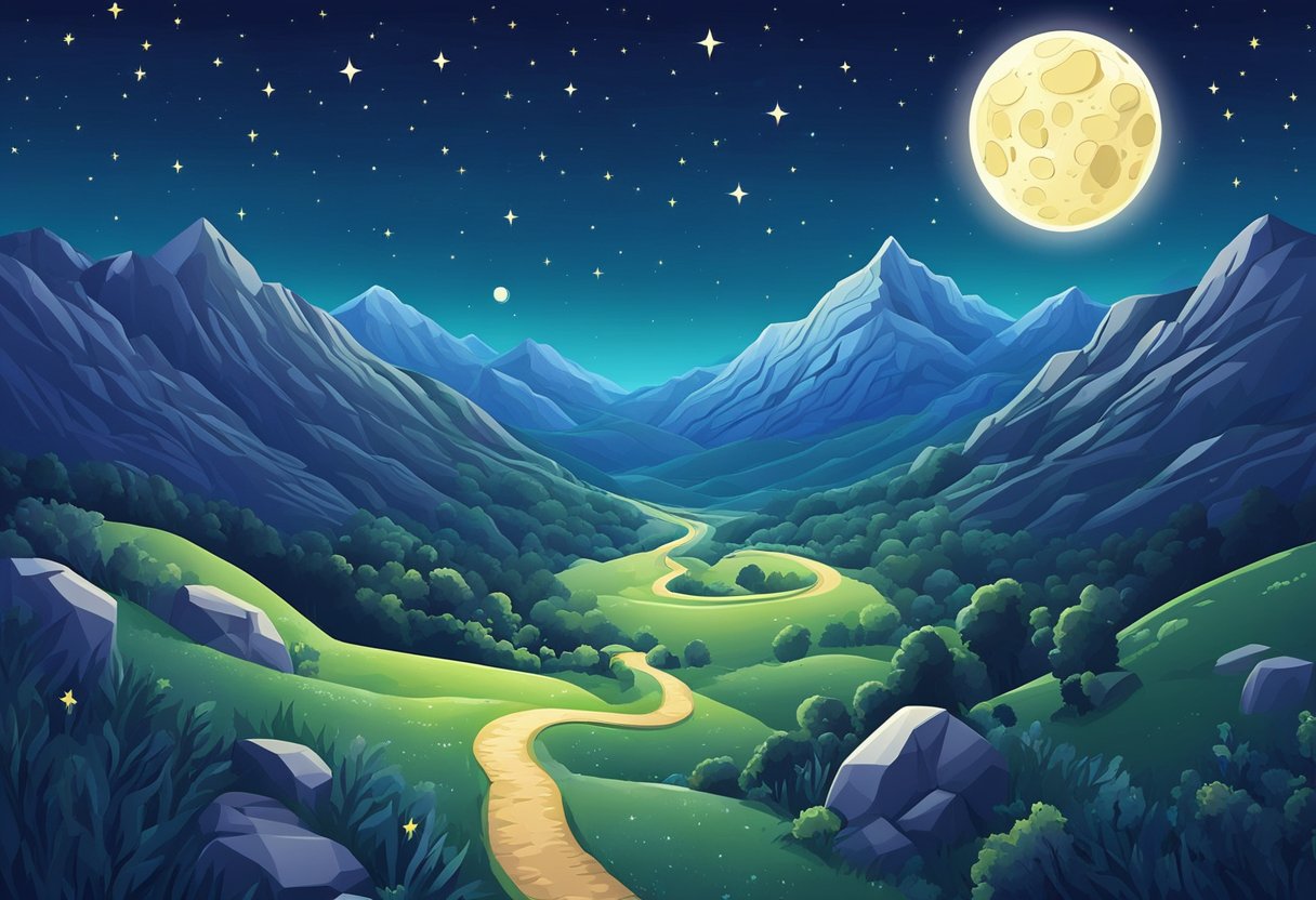 A bright, starry night sky with a full moon shining down on a tranquil, serene landscape. A winding path leads towards a distant horizon, with mountains in the background