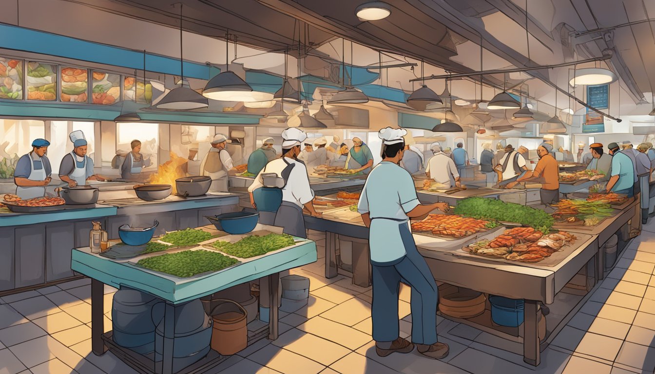 A bustling fish market restaurant with colorful displays of fresh seafood, busy chefs cooking over open flames, and customers eagerly choosing their meals