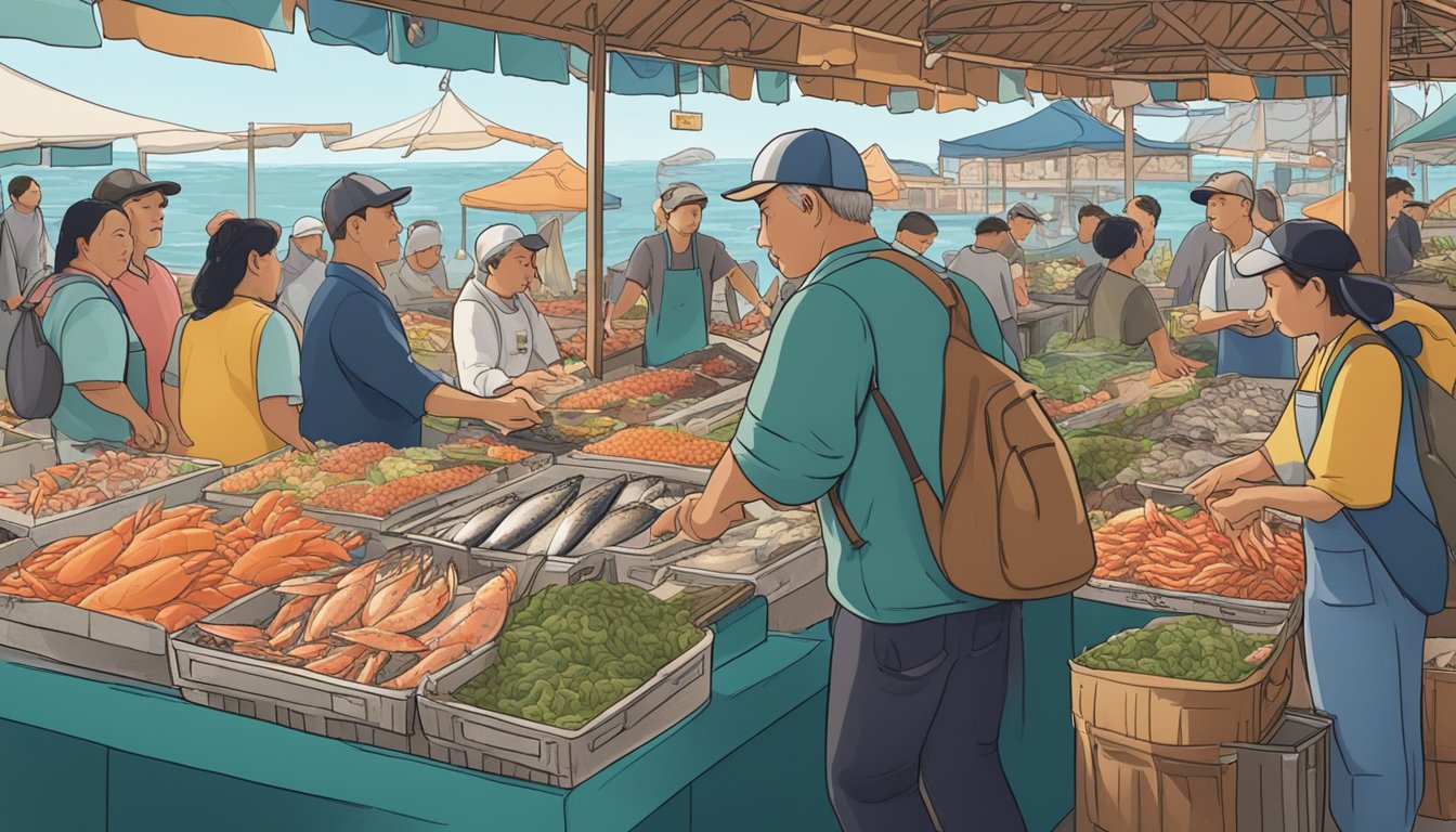 Customers browse fresh seafood at a bustling market stall, surrounded by colorful displays of fish and shellfish. The air is filled with the sound of chatter and the smell of the ocean
