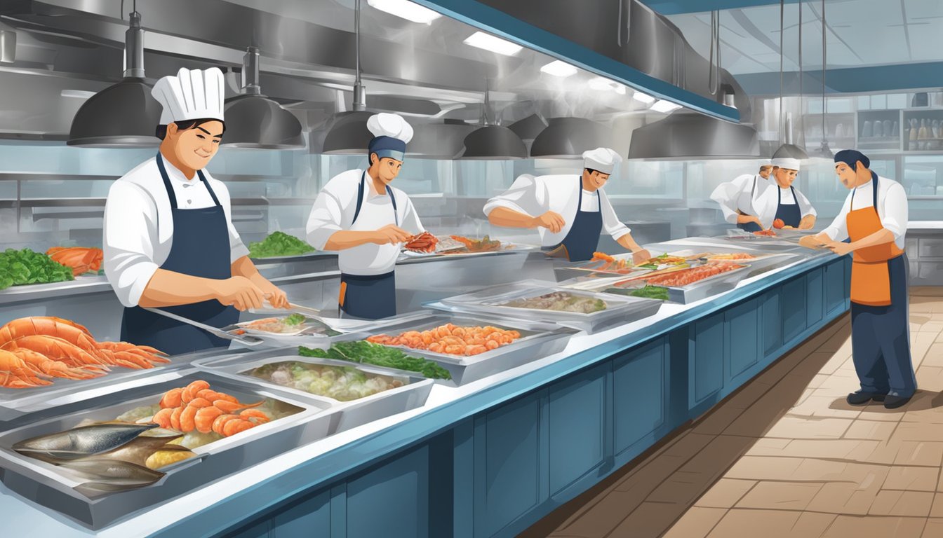 Customers select fresh seafood from ice-filled displays. Chefs prepare dishes in an open kitchen. A lively atmosphere with the sound of sizzling and the smell of seafood