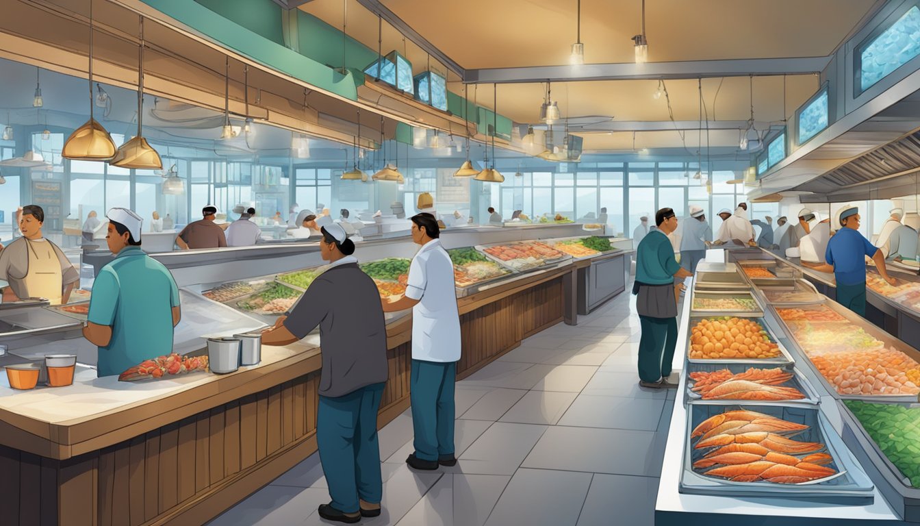 A bustling fish market restaurant with customers ordering at the counter, chefs preparing fresh seafood dishes, and colorful displays of fish on ice