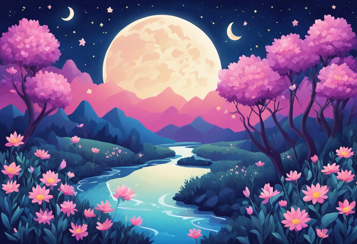 A serene night sky with stars and a crescent moon, surrounded by blooming flowers and a peaceful, flowing stream