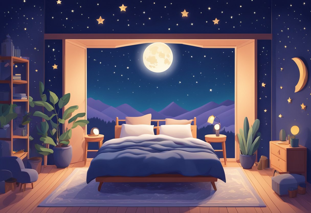 A serene night sky with twinkling stars and a crescent moon, casting a peaceful glow over a cozy bed with a sleeping figure