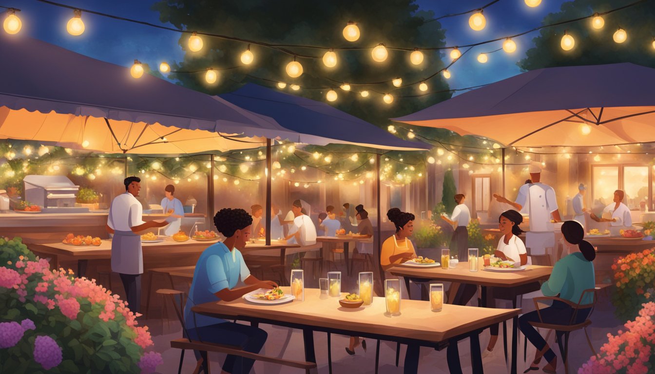 Customers dining at outdoor tables, surrounded by colorful flowers and the warm glow of string lights. A chef prepares dishes in the open kitchen, filling the air with tantalizing aromas
