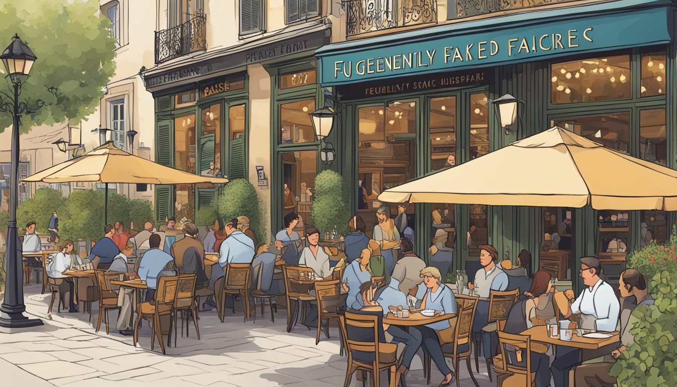 A bustling French restaurant with a sign reading "Frequently Asked Questions" in bold letters. Customers enjoy wine and French cuisine at outdoor tables